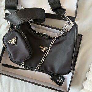 Designer Inspired Black Nylon Shoulder Bag with Pouch